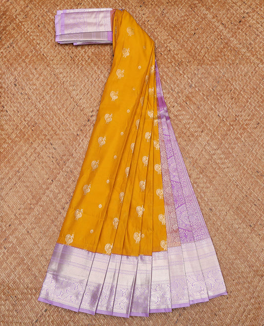 Yellow Budget Silk Saree, Beautified with Floral and Peacock Buttas All Over Its Body, Complemented by a Contrast Traditional Zari Design Woven Border, Majestically Detailed Pallu, and Paired with a Contrast Blouse