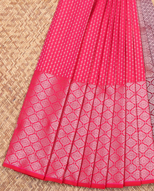Pink Budget Silk Saree, Artfully Detailed with Zari Stripes All Over Its Body, Highlighted by a Traditional Zari Design Border, Contrast Pallu of Jaal Designs, and Paired with a Contrast Blouse