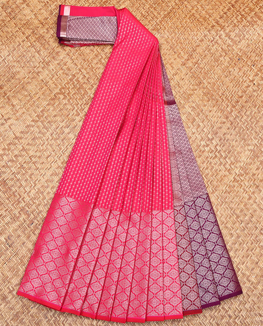 Pink Budget Silk Saree, Artfully Detailed with Zari Stripes All Over Its Body, Highlighted by a Traditional Zari Design Border, Contrast Pallu of Jaal Designs, and Paired with a Contrast Blouse
