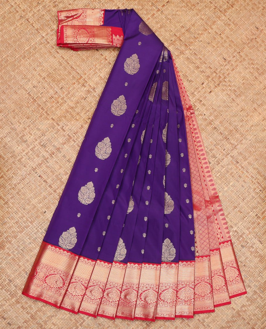 Violet Budget Silk Saree, Detailed with Zari Buttas, Complemented by a Contrast Traditional Zari Border, Grand Jaal Pallu, and Contrast Blouse