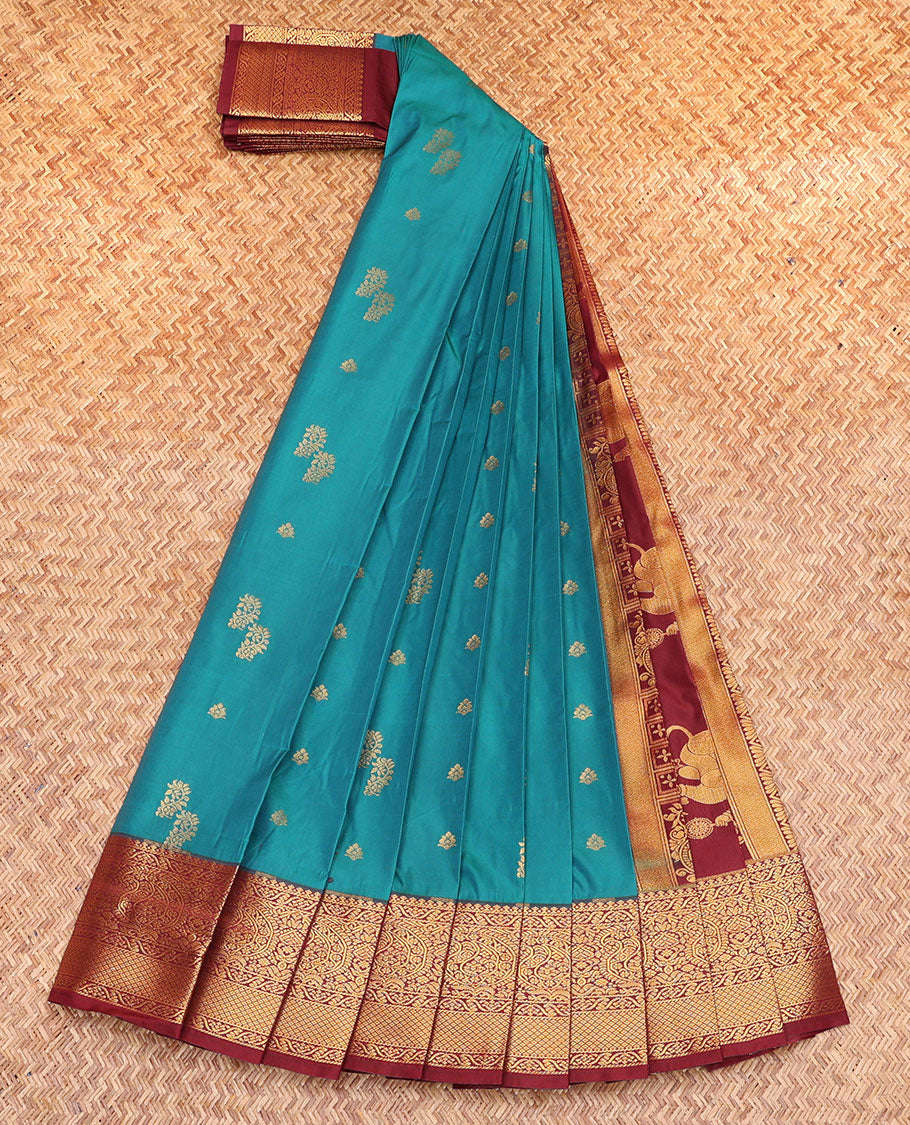 Blue Budget Silk Saree, Adorned with Zari Buttas, Complemented by a Contrast Traditional Border, Navagunjara Pallu, and a Contrast Blouse