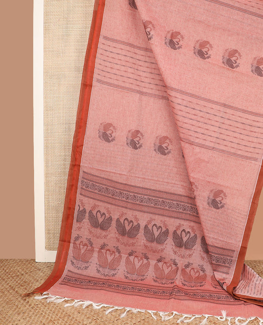 Pink buttas and striped coimbatore cotton saree, contrast plain border and pallu of Swan motifs
