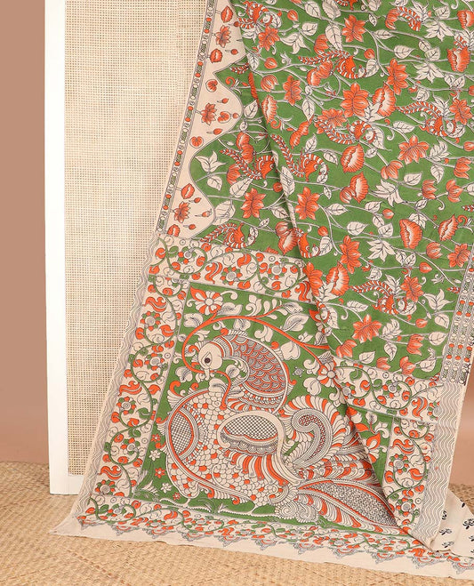 Green floral-peacock machine printed kalamkari cotton saree, contrast lotus printed border, and pallu of floral-peacock print
