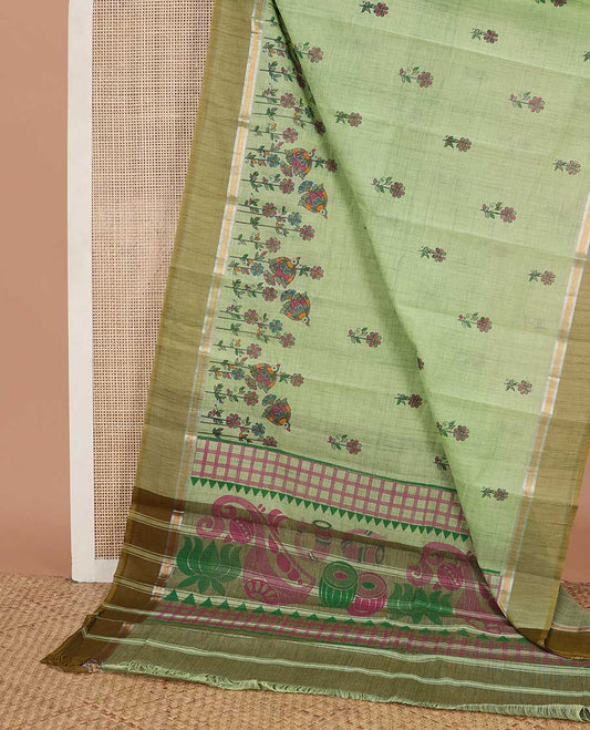Green Madhubani flora-fauna printed chirala cotton saree, contrast plain border & pallu of flowers & musical instruments
