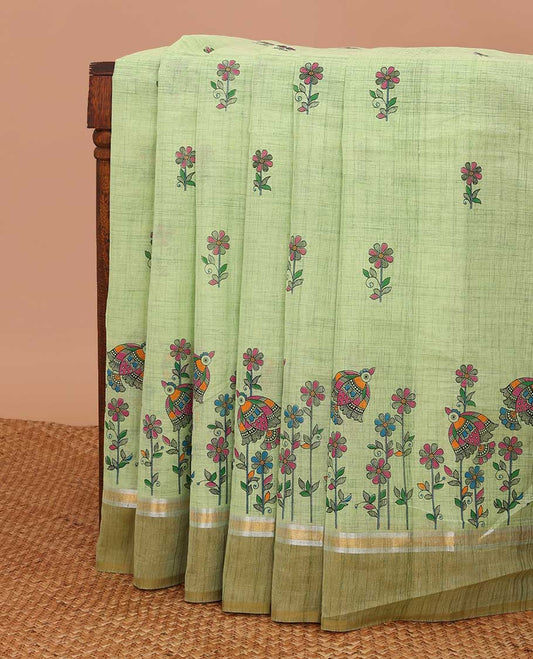 Green Madhubani flora-fauna printed chirala cotton saree, contrast plain border & pallu of flowers & musical instruments