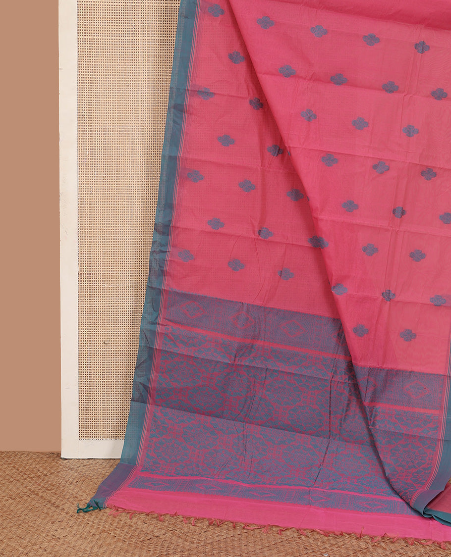 Dark pink buttas kanchi cotton saree, contrast plain border, and intricate pallu