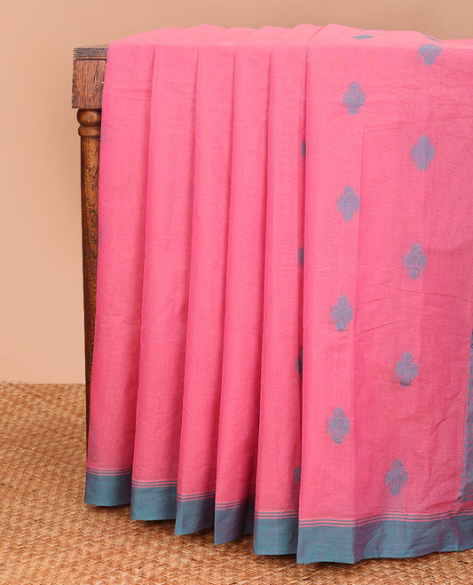 Dark pink buttas kanchi cotton saree, contrast plain border, and intricate pallu