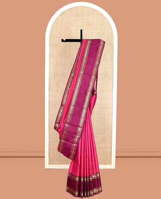Pink Plain Kanchipuram Silk Saree, Complemented by a Contrast Rettai Pettu Border of Rekku, Muthu, and Poun Designs, Seppu Rekku Pallu, and a Contrast Blouse