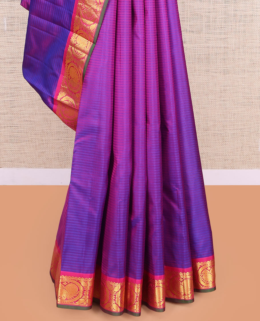 Pink-Violet Kanchipuram Silk Saree, Woven with Vazaipoo Stripes and Zari Buttas, a Contrast Round Mayil Border, Round Mayil Pallu, and a Contrast Blouse
