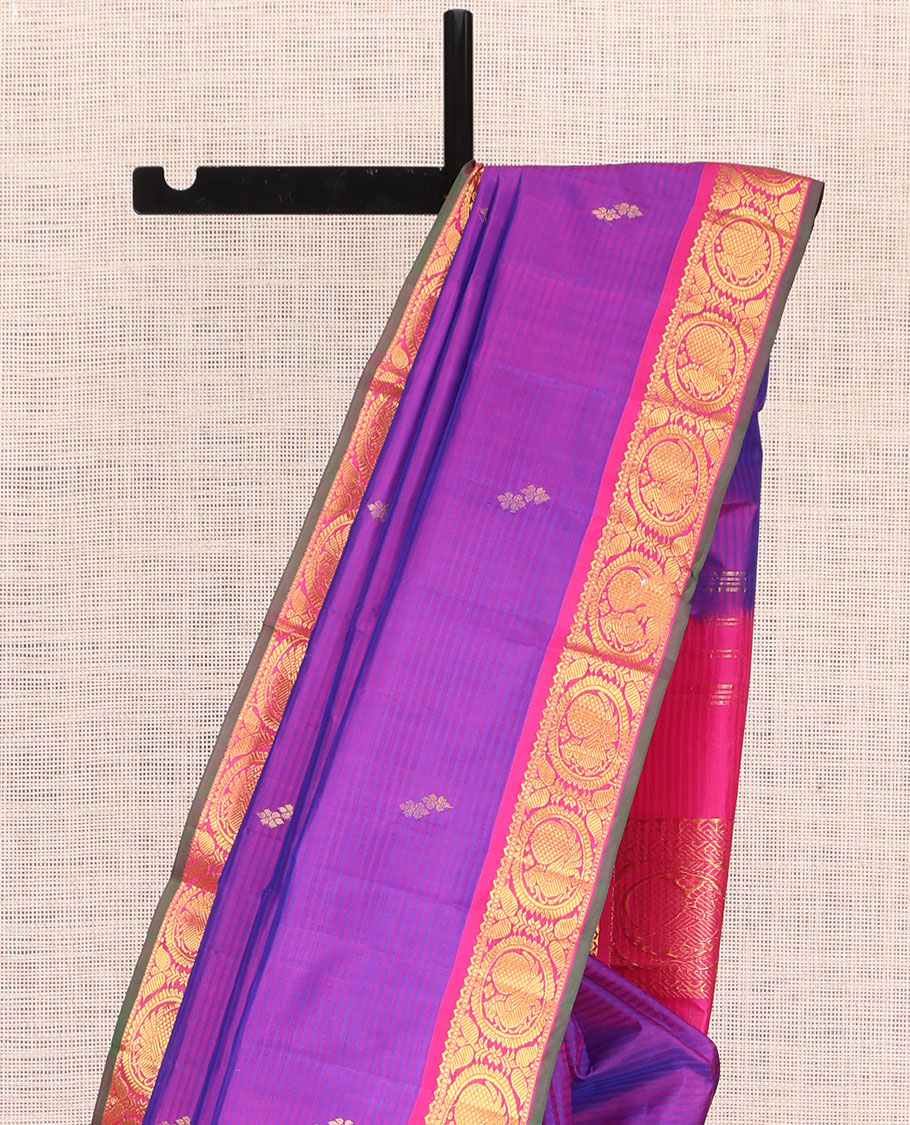 Pink-Violet Kanchipuram Silk Saree, Woven with Vazaipoo Stripes and Zari Buttas, a Contrast Round Mayil Border, Round Mayil Pallu, and a Contrast Blouse