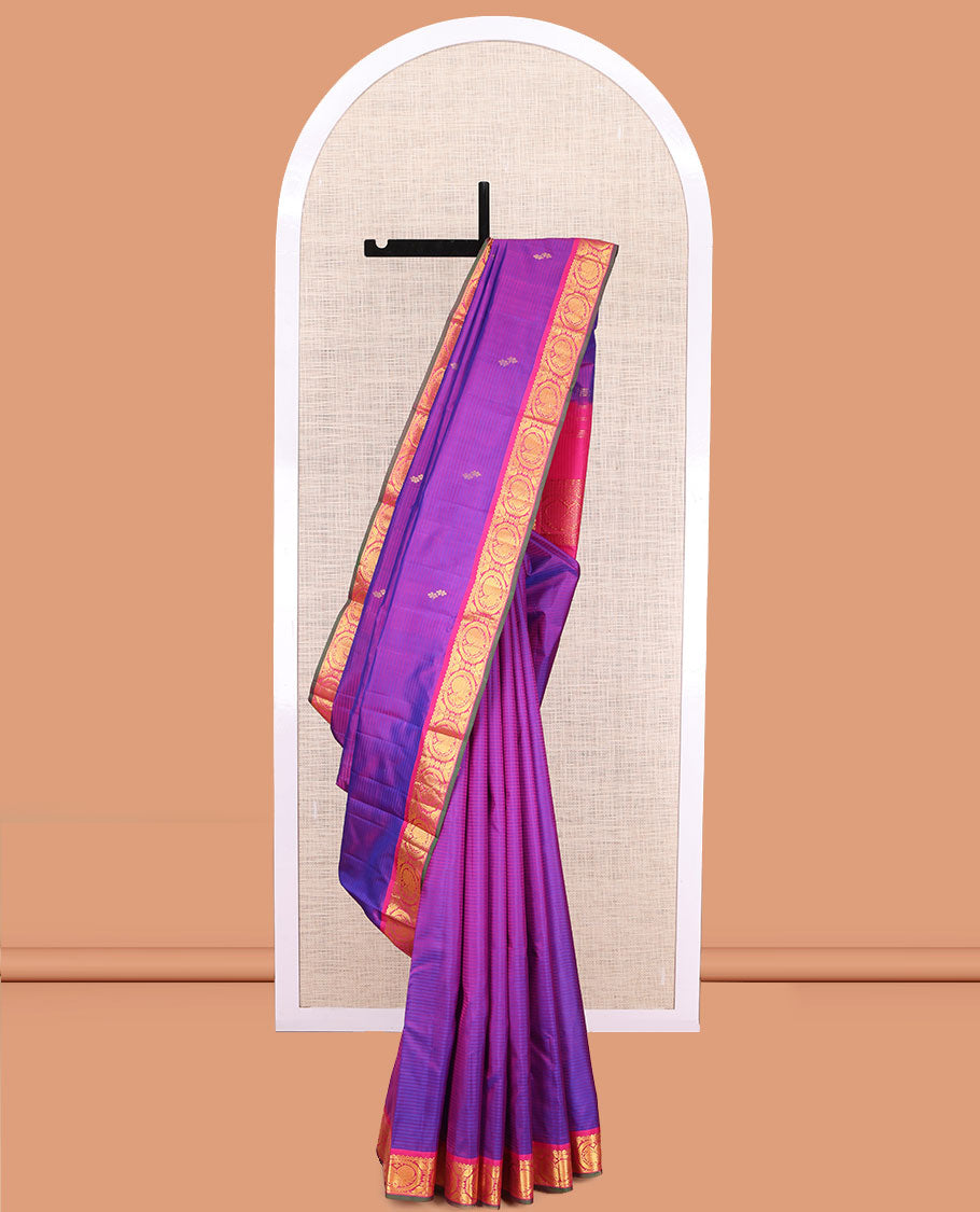 Pink-Violet Kanchipuram Silk Saree, Woven with Vazaipoo Stripes and Zari Buttas, a Contrast Round Mayil Border, Round Mayil Pallu, and a Contrast Blouse