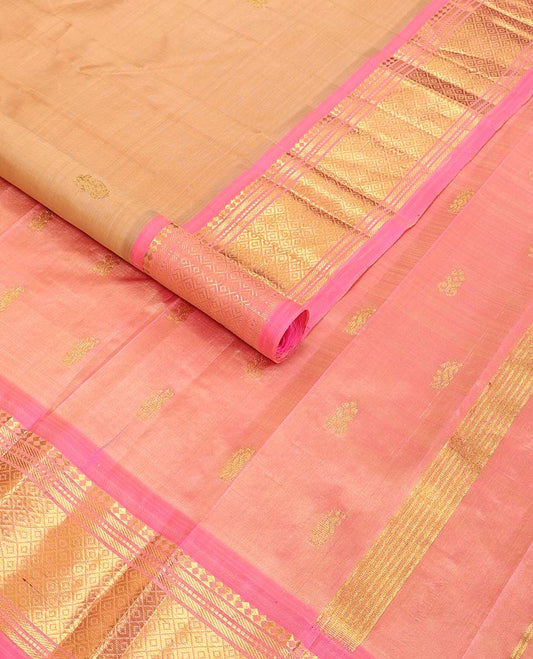 Light brown buttas kancheepuram silk saree with contrast border of rekku, muthu, banaras, geometric design & floral buttas pallu