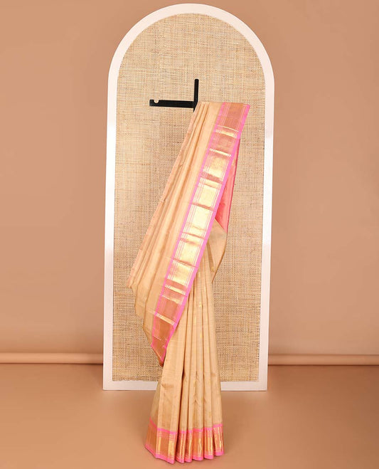 Light brown buttas kancheepuram silk saree with contrast border of rekku, muthu, banaras, geometric design & floral buttas pallu