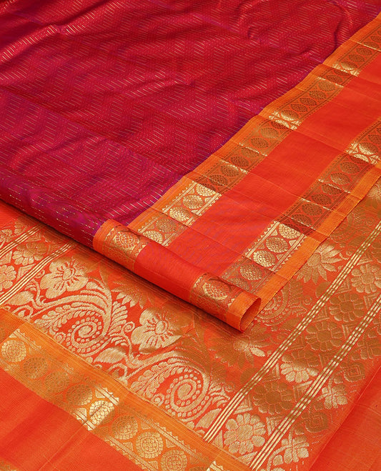 Red zari buttas Kanchipuram silk saree, contrast rettai pettu one-sided border of rekku,banaras & chakram designs & floral design pallu