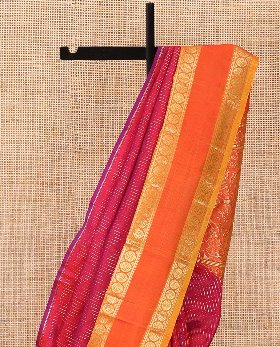 Red zari buttas Kanchipuram silk saree, contrast rettai pettu one-sided border of rekku,banaras & chakram designs & floral design pallu