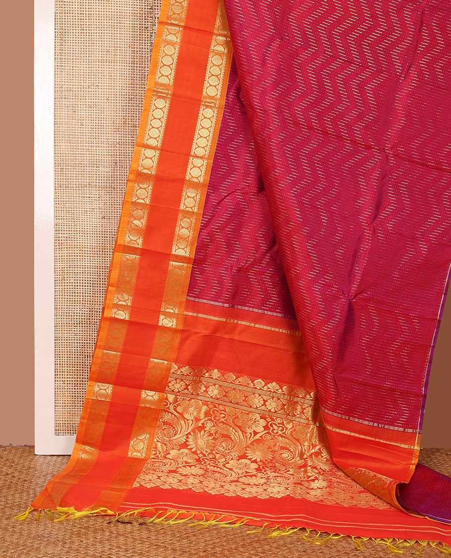 Red zari buttas Kanchipuram silk saree, contrast rettai pettu one-sided border of rekku,banaras & chakram designs & floral design pallu