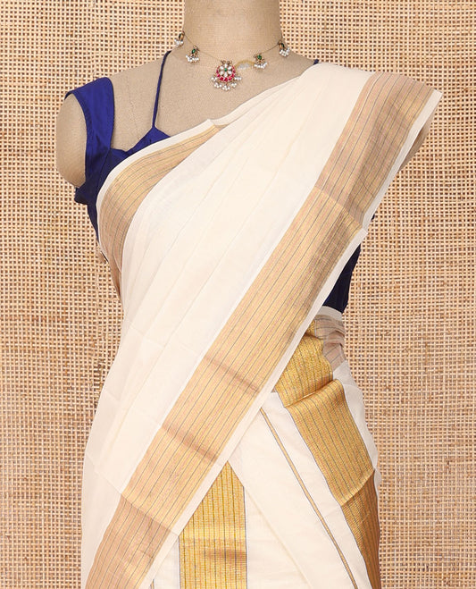 Cream Kerala mundu set with contrast printed border