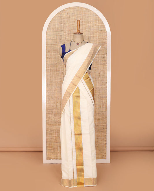 Cream Kerala mundu set with contrast printed border