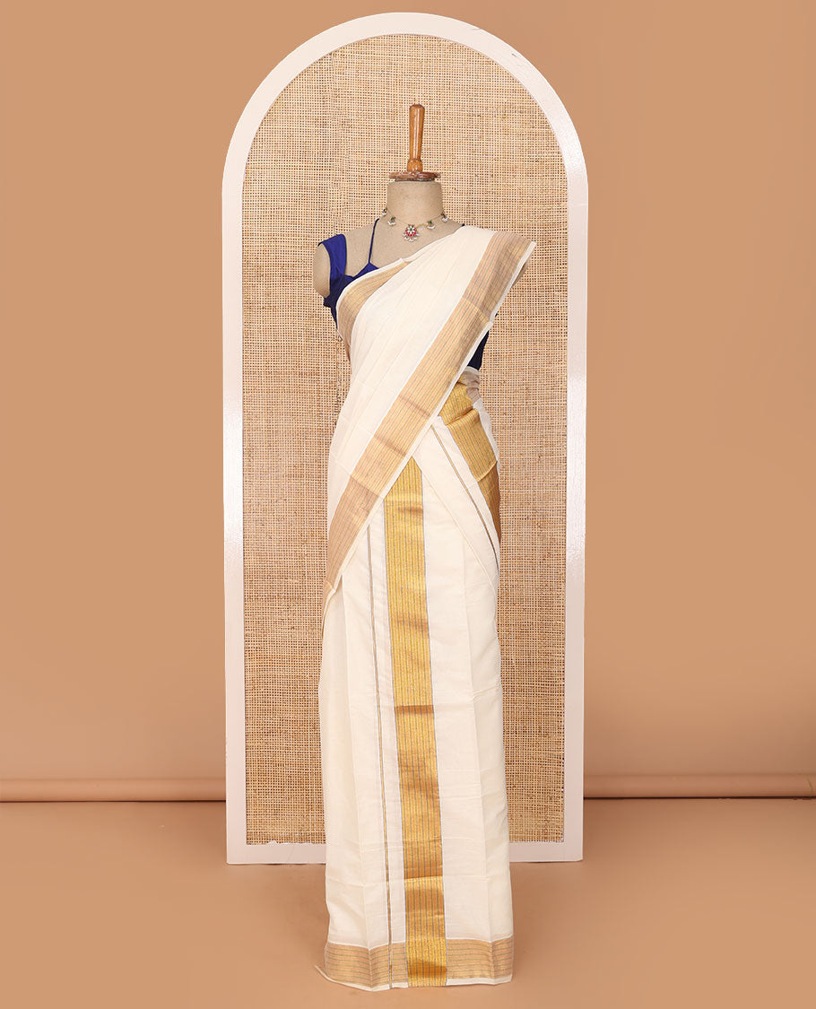 Cream Kerala mundu set with contrast printed border