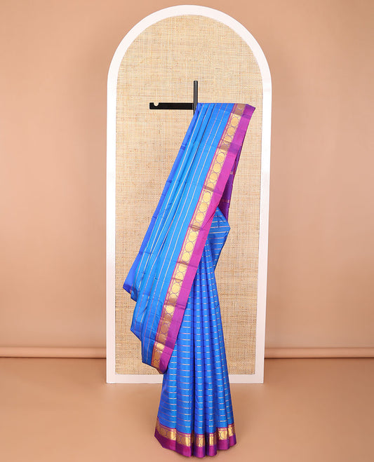 Blue striped kancheepuram silk saree with contrast intricate zari design border & striped pallu