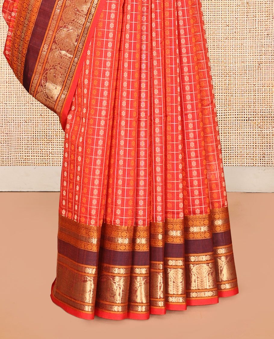 Red Buttas Enclosed Checked Kuppadam Silk Saree, Contrast Peacock-Elephant Border, Grand Pallu, Matching Blouse