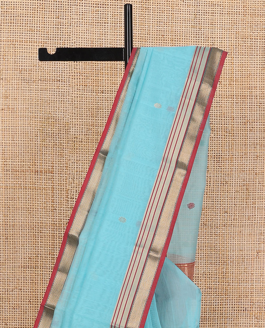 Light blue floral motifs maheshwari cotton saree with contrast zari border & striped pallu