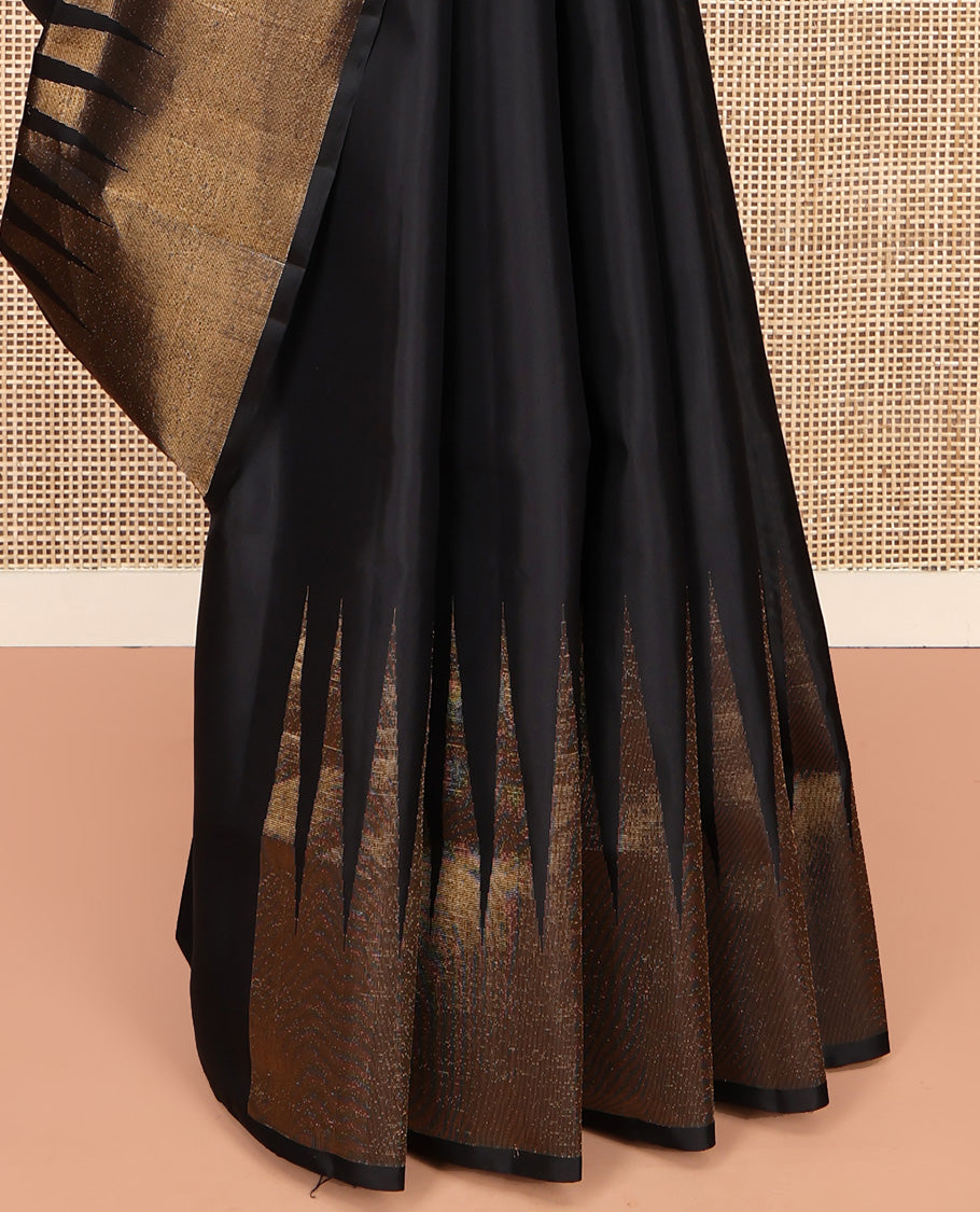 Black Plain Mayuri Soft Silk Saree, Spotlighted with Temple Zari Border, Geometric Patterned Pallu and Paired with a Matching Blouse