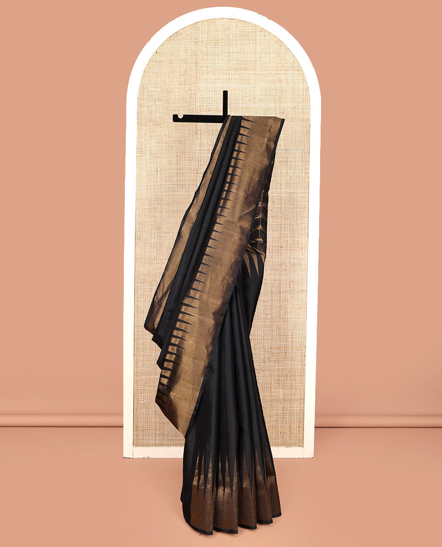 Black Plain Mayuri Soft Silk Saree, Spotlighted with Temple Zari Border, Geometric Patterned Pallu and Paired with a Matching Blouse