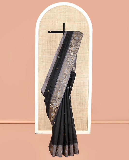 Black Mayuri Lite Silk Mix Saree, Embellished with Buttas, Complemented by Contrast Floral Design Border, Intricate Design Pallu, and Contrast Blouse