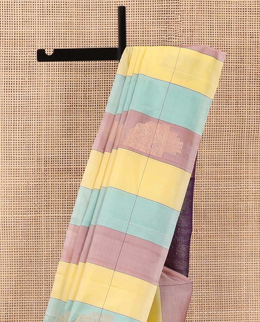 Borderless multi-color checked and zari buttas soft silk saree, contrast pallu steeped with floral designs