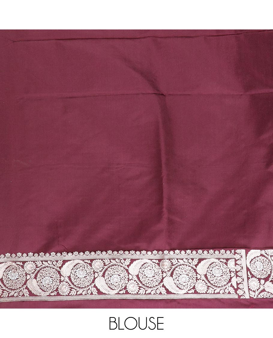 Maroon  zari buttas mushru silk saree, floral creeper design border, and intricately designed pallu