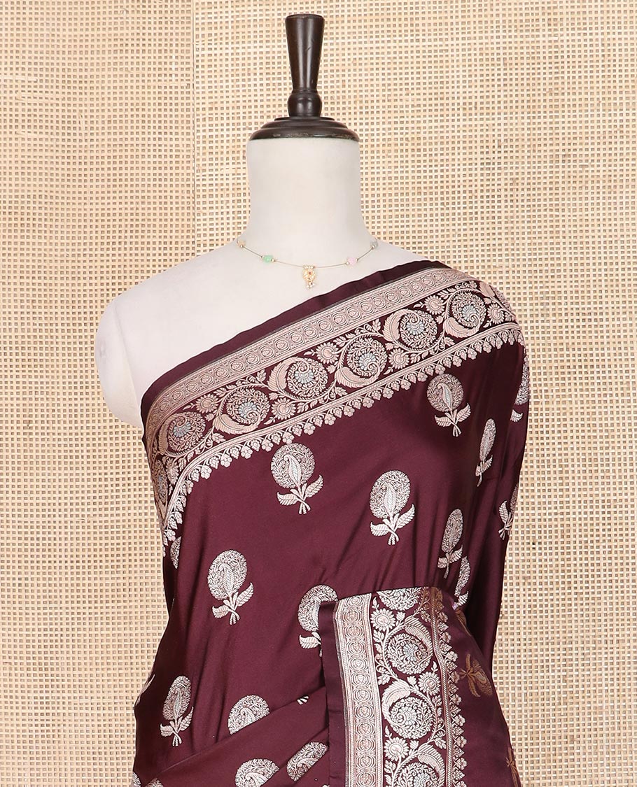 Maroon  zari buttas mushru silk saree, floral creeper design border, and intricately designed pallu