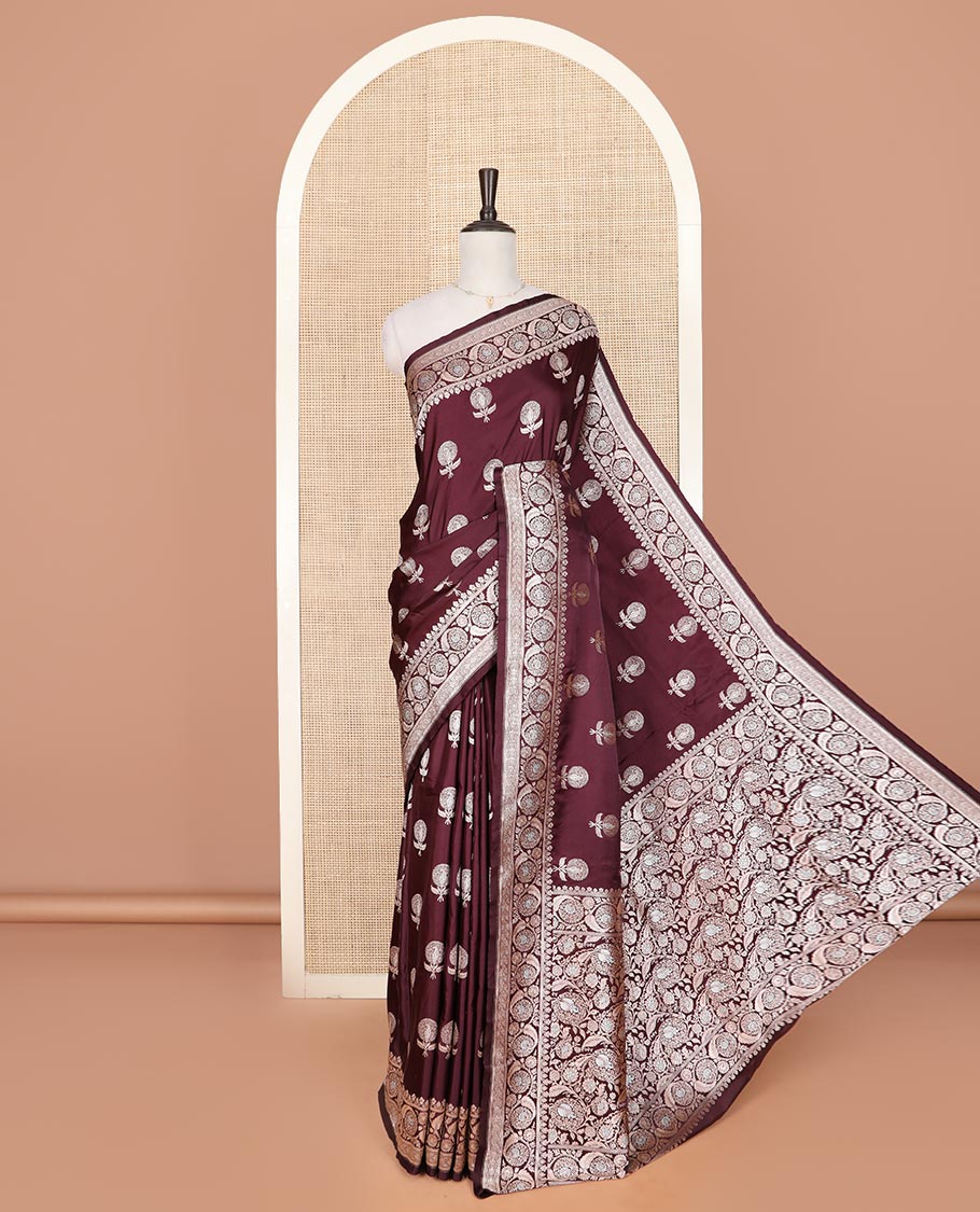 Maroon  zari buttas mushru silk saree, floral creeper design border, and intricately designed pallu