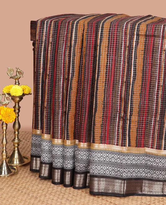 Black geometrical print chanderi cotton saree with block print, zari border  & chit pallu along with checks, zari border blouse