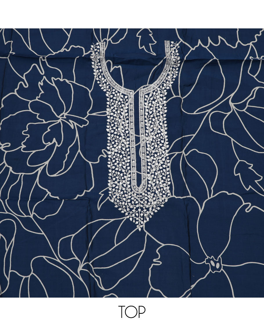 Blue material churidar set, floral printed and embroidered top, contrast plain bottom, and a sequins embroidered dupatta