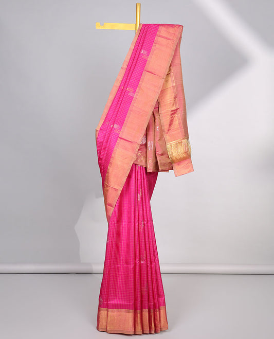 Pink  checked , paisley design uppada silk saree with contrast zari border & floral buttas pallu