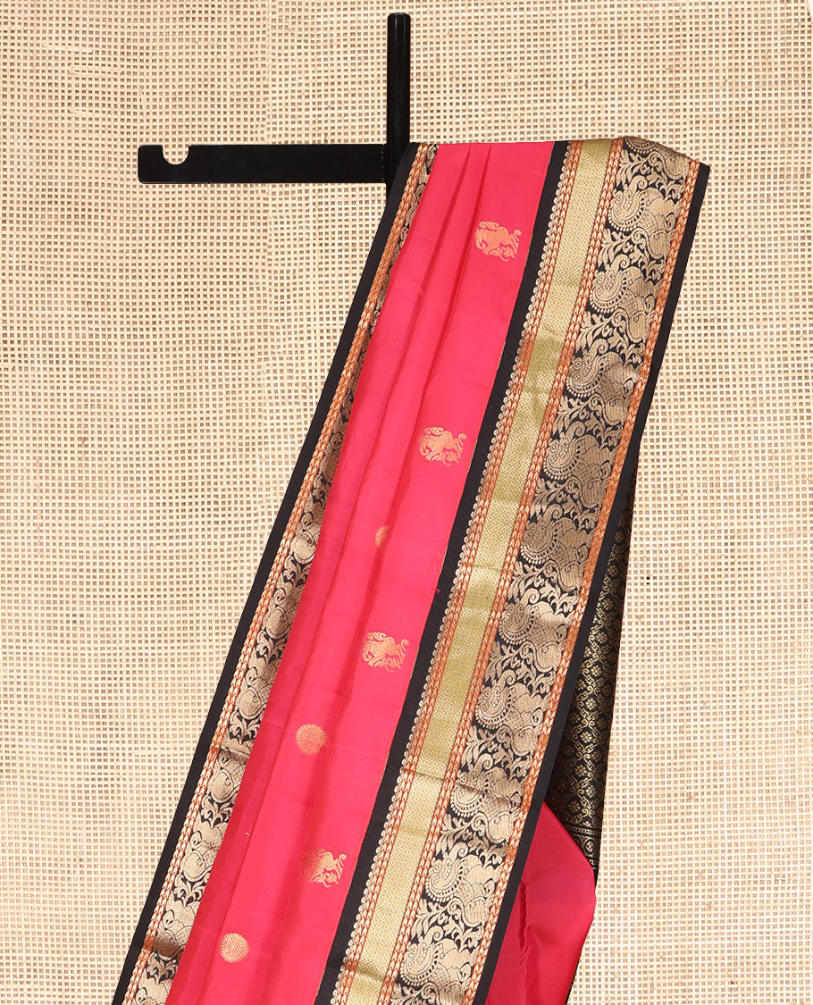 Red Vasundhara Lite Silk Mix Saree, Beautified with Yaali and Chakram Buttas, a Contrast Korvai Border of Mayil Kann and Yaali Designs, Grand Pallu, and a Contrast Blouse