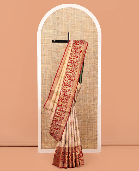 Peach Floral Jacquard Kanchipuram Tissue Silk Saree, Complemented by a Contrast Floral-Bird Meenakari Border, Grand Pallu, and Contrast Blouse