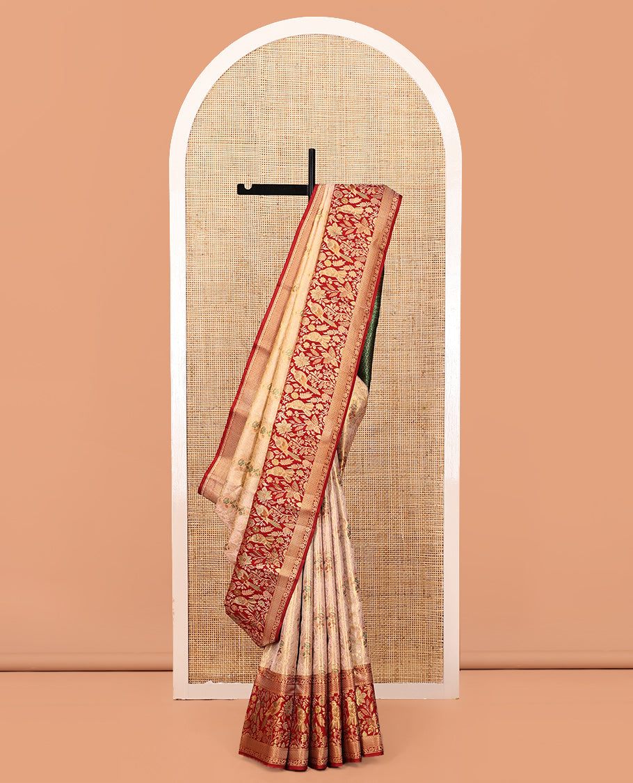 Peach Floral Jacquard Kanchipuram Tissue Silk Saree, Complemented by a Contrast Floral-Bird Meenakari Border, Grand Pallu, and Contrast Blouse
