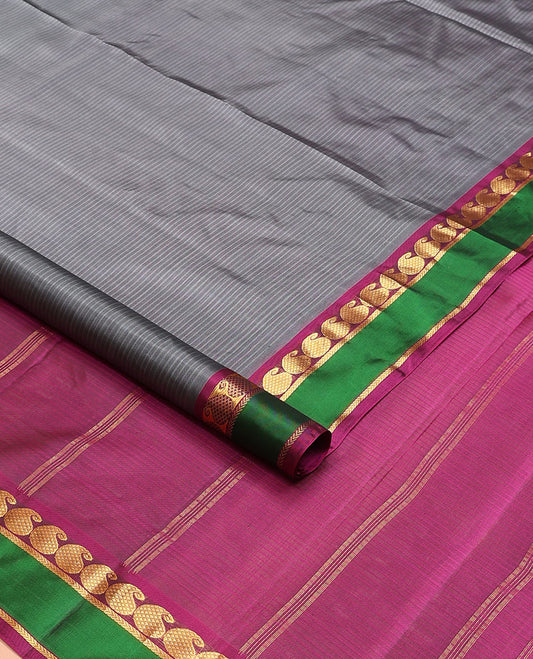 Grey striped nine-yard silk saree, contrast rettai pettu border of mayil manga, and kathir designs, and zari striped pallu