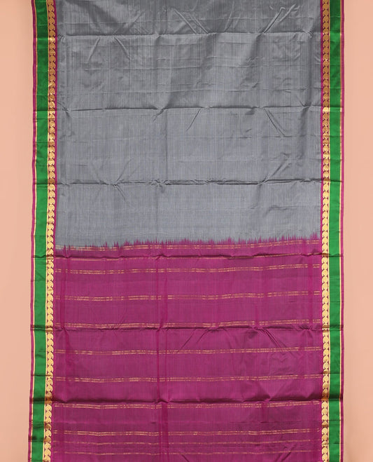 Grey striped nine-yard silk saree, contrast rettai pettu border of mayil manga, and kathir designs, and zari striped pallu