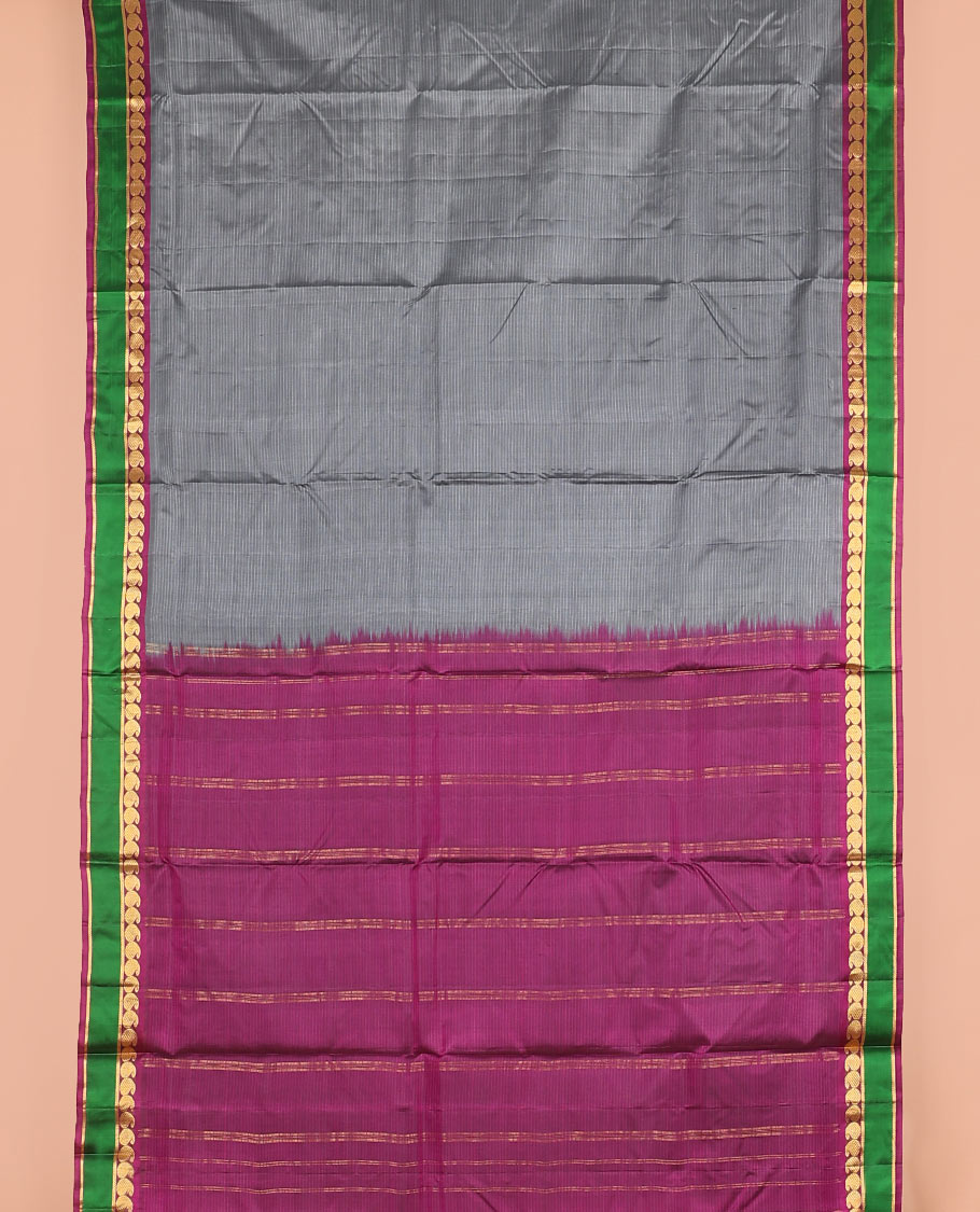 Grey striped nine-yard silk saree, contrast rettai pettu border of mayil manga, and kathir designs, and zari striped pallu