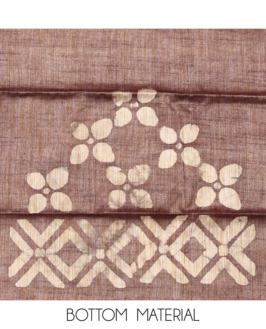 Green material chudidar set, batik style printed with neck embroidered top, contrast plain bottom, and batik printed dupatta