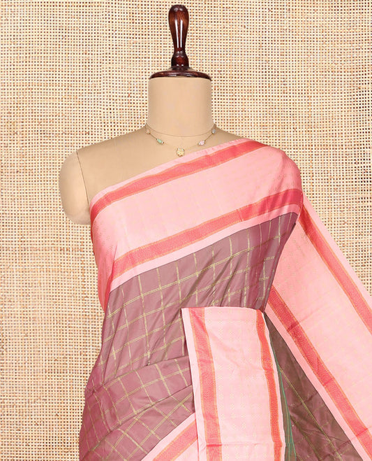 Rosewood Pink Aarani Gift Saree, Embellished with Geometric Checked Design, Complemented by Contrast Border, Pallu of Stripes, and Paired with a Matching Blouse