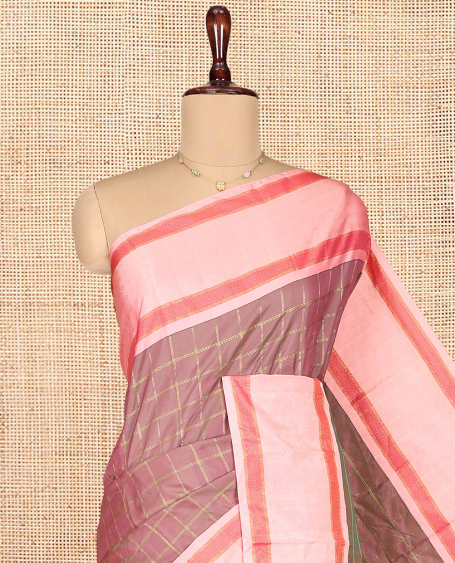 Rosewood Pink Aarani Gift Saree, Embellished with Geometric Checked Design, Complemented by Contrast Border, Pallu of Stripes, and Paired with a Matching Blouse