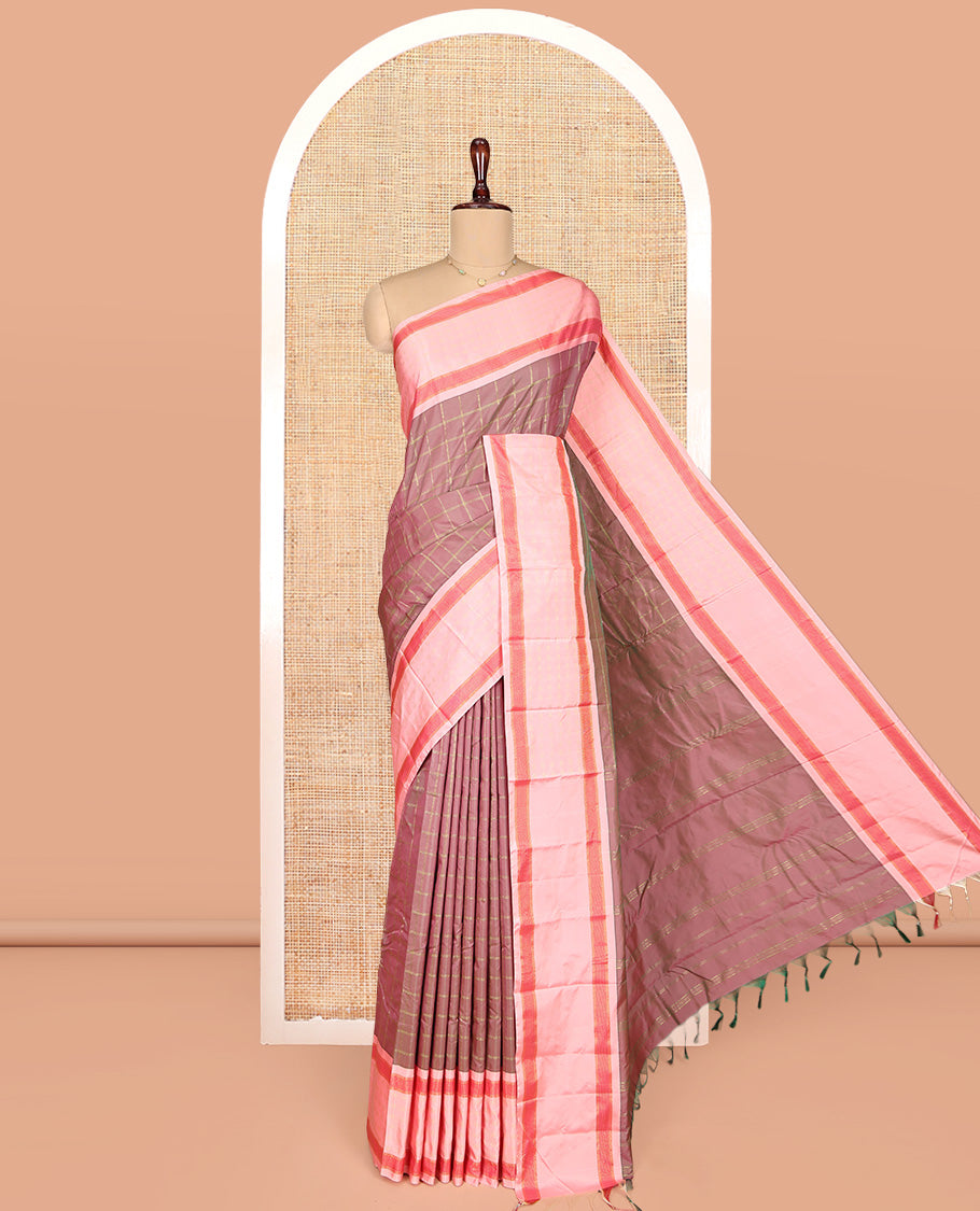 Rosewood Pink Aarani Gift Saree, Embellished with Geometric Checked Design, Complemented by Contrast Border, Pallu of Stripes, and Paired with a Matching Blouse