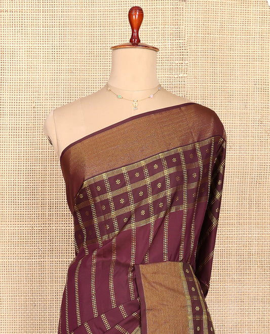 Maroon Aarani Silk Saree, Embellished with Butta Enclosed Checks on Its Body, Highlighted by Zari Border, Pallu of Butta Enclosed Checks, and Paired with a Matching Blouse