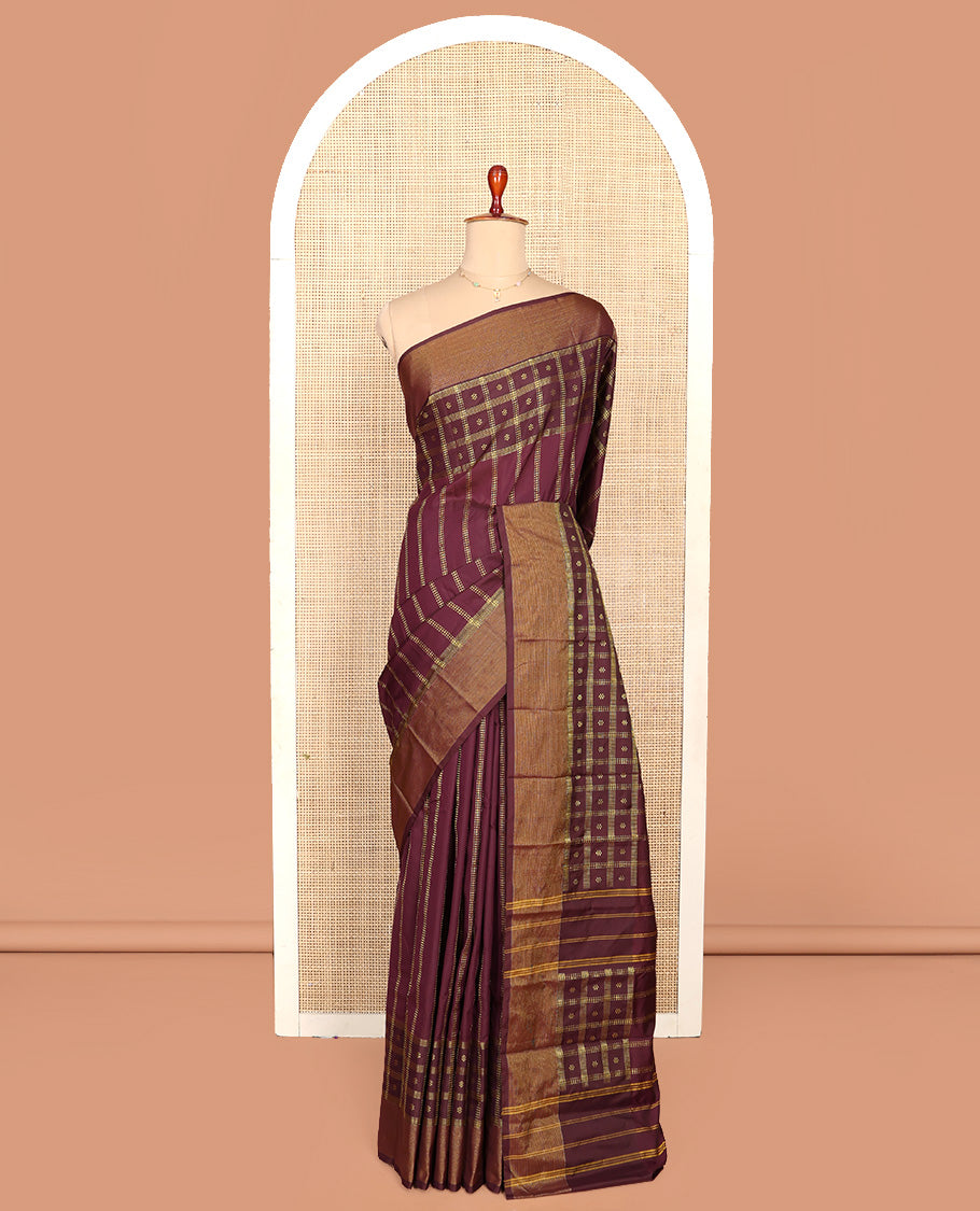 Maroon Aarani Silk Saree, Embellished with Butta Enclosed Checks on Its Body, Highlighted by Zari Border, Pallu of Butta Enclosed Checks, and Paired with a Matching Blouse