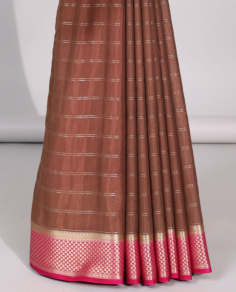brown striped art mysore silk saree with contrast zari design border & striped zari pallu