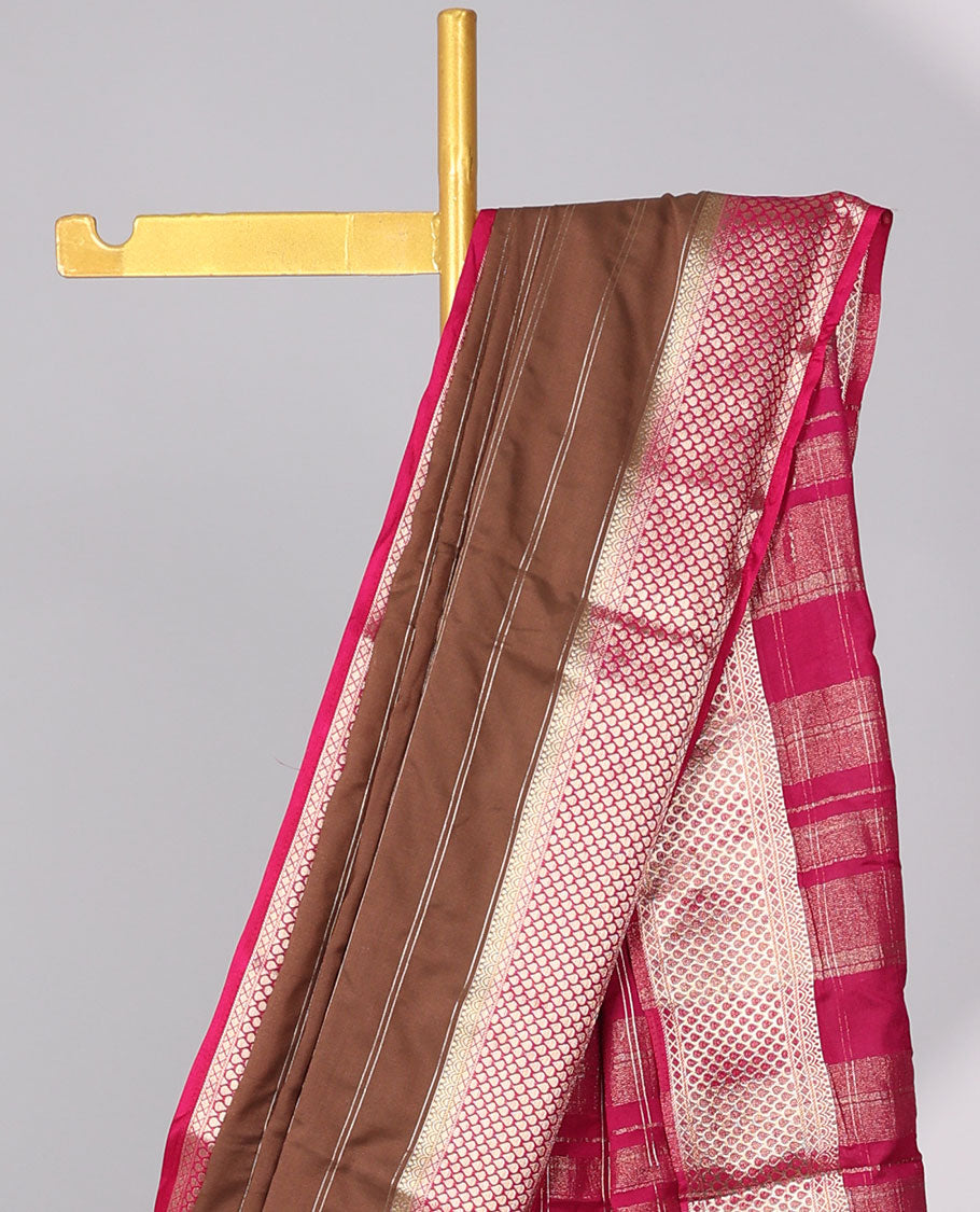 brown striped art mysore silk saree with contrast zari design border & striped zari pallu
